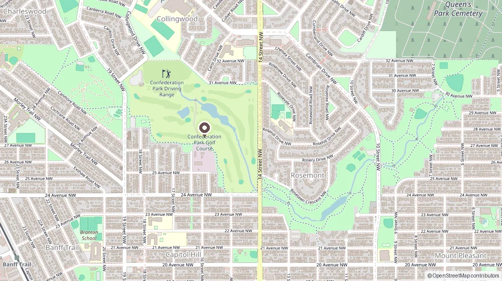 Map of Confederation Park Golf Course, showing the festival site along 14 Street NW north of 24 Avenue NW in Calgary.